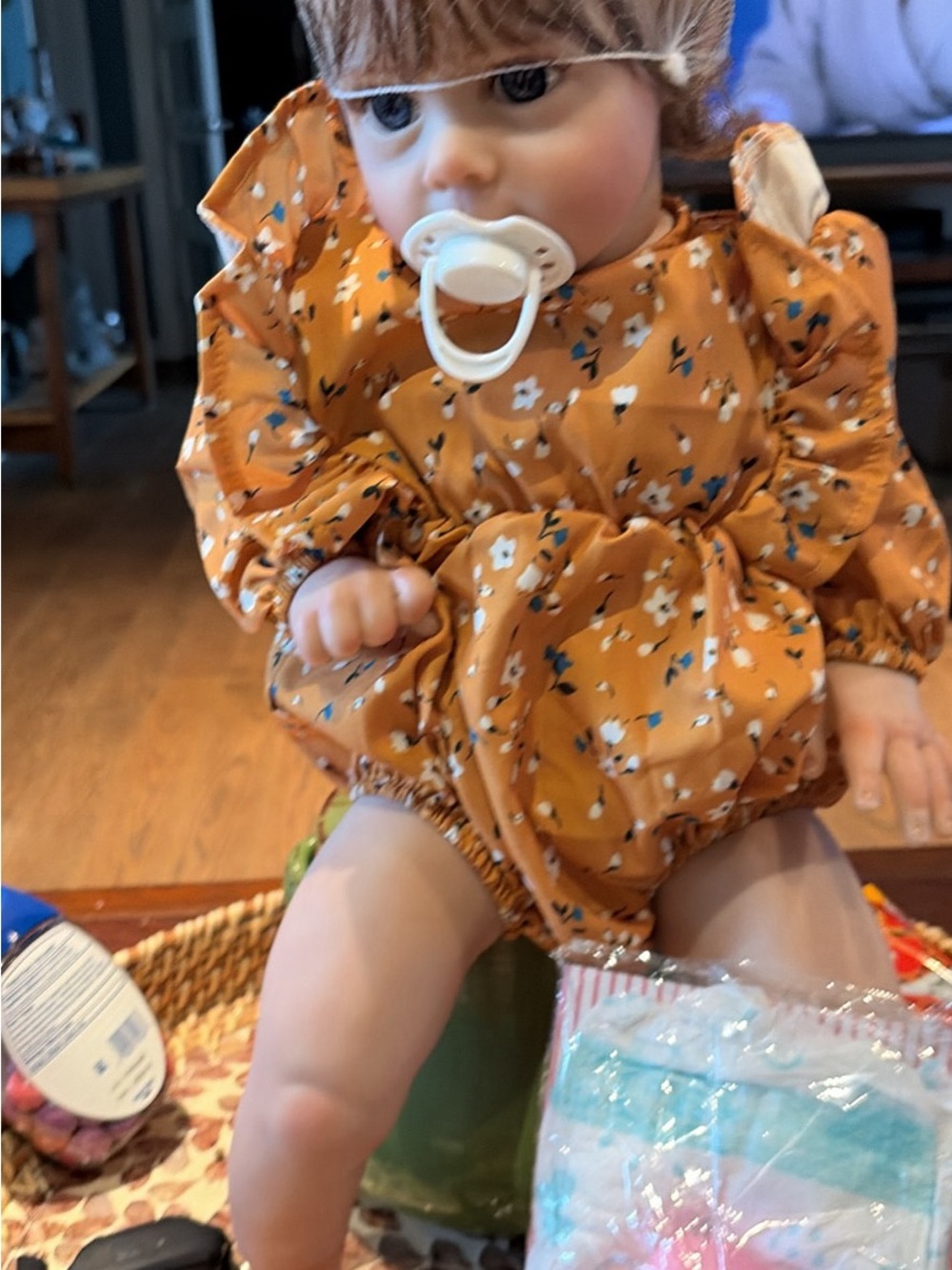 New real life doll - Girls Floral Ruffle Romper in Mustard